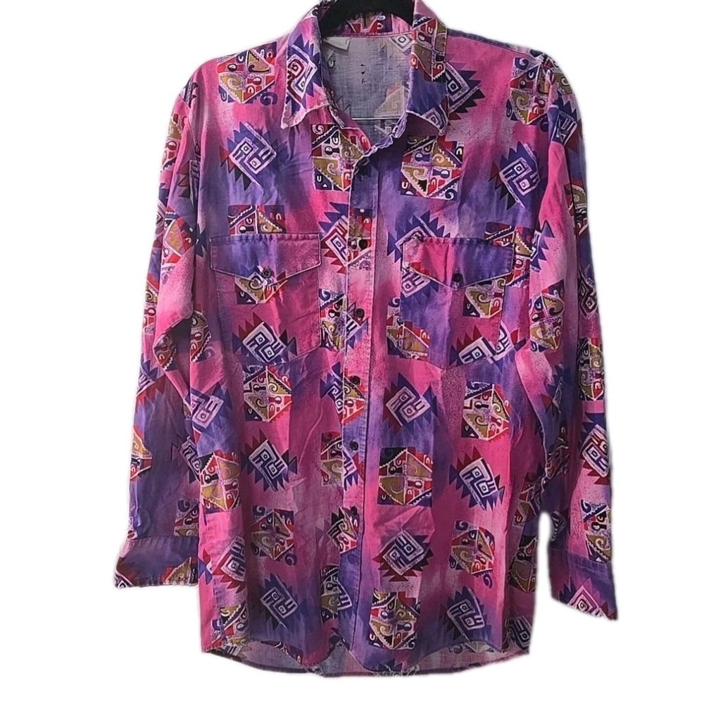Vintage Roper Long Sleeve Button Western Shirt Mens Large Purple Pink Geometric